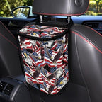 American Flag Eagle Print Car Trash Can with Lid, 4th of July Leak Proof Auto Trash Bag Hanging Vehicle Garbage Can Multipurpose Storage Container for Back Seat Road Trip