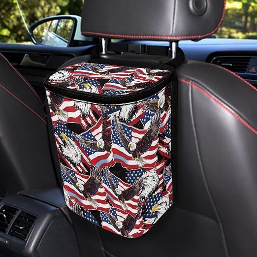 American Flag Eagle Print Car Trash Can with Lid, 4th of July Leak Proof Auto Trash Bag Hanging Vehicle Garbage Can Multipurpose Storage Container for Back Seat Road Trip