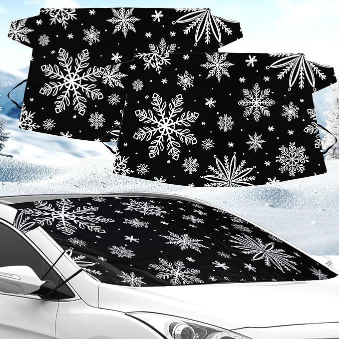 2 Pcs Windshield Cover for Ice and Snow 210T Silver Coated Waterproof Frost Cover 69 x 42 Inches All Seasons Windshield Protector with Elastic Straps Snowflake Winter Car Accessories for Cars