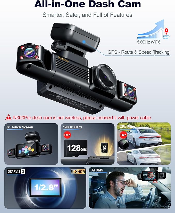Neideso N300Pro 4K Dash Cam Front and Rear, 4 Channel 360 View Car Camera | Free 128GB Card, STARVIS 2 Sensor, Touch Screen, 5.8G WiFi 20MB/s Download, GPS, AI Fatigue Driving Monitor, 24H Parking Mode