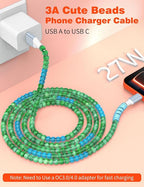 USB A to USB C Cable 6FT,Beaded Charger Cord for iPhone 17 16 Pro Max 17e 15 Car play,Cute Type C Car Charger Charging Cord for iPad 10 11th A16/Samsung S26 S25 S24/Android Phone Girls Women,BlueGreen