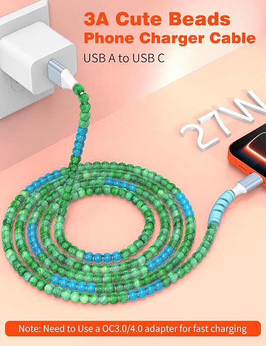 USB A to USB C Cable 6FT,Beaded Charger Cord for iPhone 17 16 Pro Max 17e 15 Car play,Cute Type C Car Charger Charging Cord for iPad 10 11th A16/Samsung S26 S25 S24/Android Phone Girls Women,BlueGreen