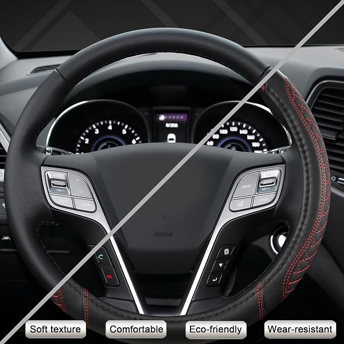 Customized Auto Car Steering Wheel Cover for Hyundai,Tucson,Sonata,Elantra,Santa Fe,Genesis,Sonata Hybrid,Azera,Venue,Kona, 14.5-15 inches(Diamond Quilted-Black+Red-Standard Size)