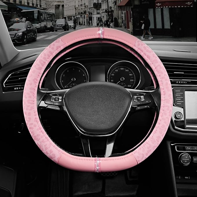 Leopard Steering Wheel Cover for Women, Cute Anti-Slip Microfiber Leather, Fits D Shape Flat Bottom Steering Wheel 14.5-15 Inch - Pink and Pink Leapoard