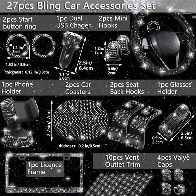 27 PCs Black Bling Car Accessories Set for Women, Steering Wheel Covers Universal Fit 15 Inch, Bling License Plate Frame, Bling Phone Holder, Bling Car Coasters (Black Diamond)