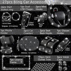 27 PCs Black Bling Car Accessories Set for Women, Steering Wheel Covers Universal Fit 15 Inch, Bling License Plate Frame, Bling Phone Holder, Bling Car Coasters (Black Diamond)