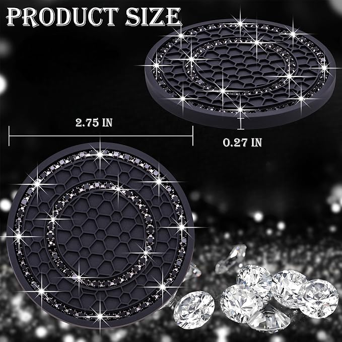 2PCS Bling Crystal Rhinestone Cup Holder Coaster, 2.75 inch Soft Silicone Anti-Slip Shockproof, Car Cup Holder Insert Coasters, Universal Car Interior Accessories for Women (Black)