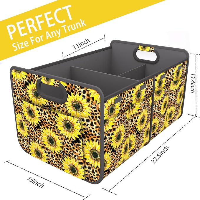 Car Trunk Organizer for SUV, 18.5Gal Large Capacity No-Sag Heavy Duty, Foldable Waterproof Anti-Slip Storage with 12 Pockets, Fit Sedan, Truck, Universal Car Accessories,Sunflower Leopard Print