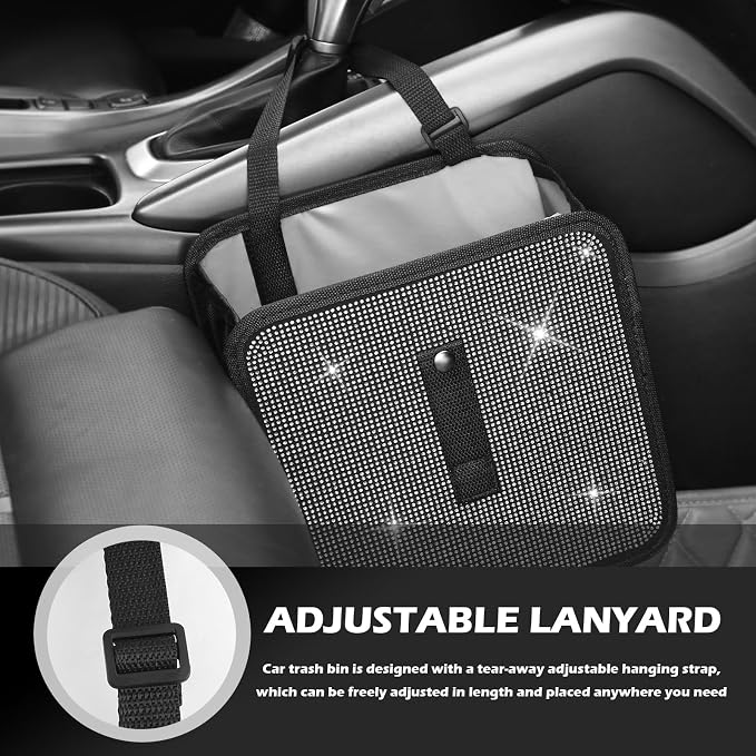 Bling Car Trash Can with Rhinestone,Foldable Car Garbage Can for in-Vehicle Waste Disposal,Multipurpose Hanging Back Seat Organizer & Decorations Fit for Most Cars Trucks