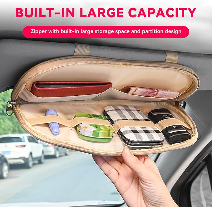 Car Sun Visor Organizer, Multi-Pocket PU Leather Sunglass Holder and Storage Pocket with Net Zipper, Card Sleeve Pocket Organizer, Auto Interior Accessories for Vehicle, Truck, SUV (Beige)