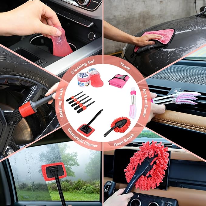 15PCS Car Detailing Kit Auto Cleaning Tools Wash Set with Storage Carry Bag Beginners Easy to Use for Interior Exterior Car Care Clean Windshield Dashboard Seat Air Vents Wheels Tires, Red