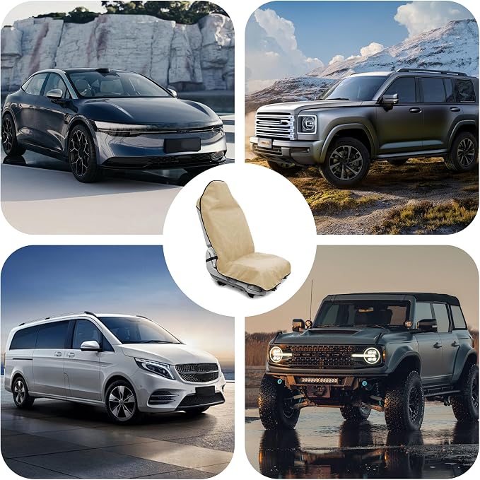 Waterproof Towel Car Seat Cover, Sweatproof Non Slip Towel Carseat Cover, Machine Washable Vehicle Bucket Frontseat Protector Accessories, Universal for SUV, Sedan, Truck (Beige)