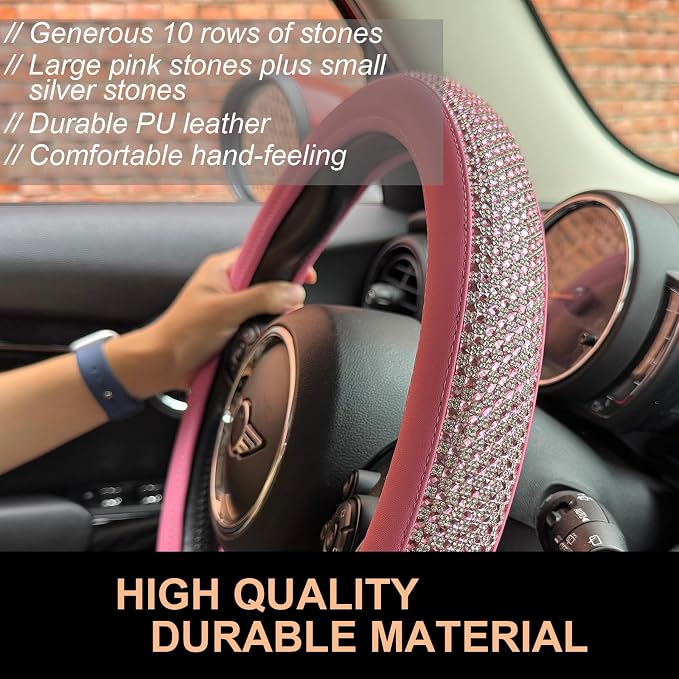 Bling Bling Comfy Steering Wheel Cover with Jumbo Crystal Rhinestones, Anti-Slip Diamond Leather, Universal 15 Inch (All Pink)
