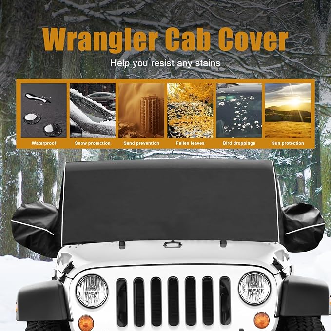 600D Cab Cover Windproof Sunshade Cover Compatible with Jeep Wrangler JK JL 2-Door 2007-2024, 6-Layer Protection Frost Wiper & Mirror Covers Protect from Sunshine, UV, Snow, Rain