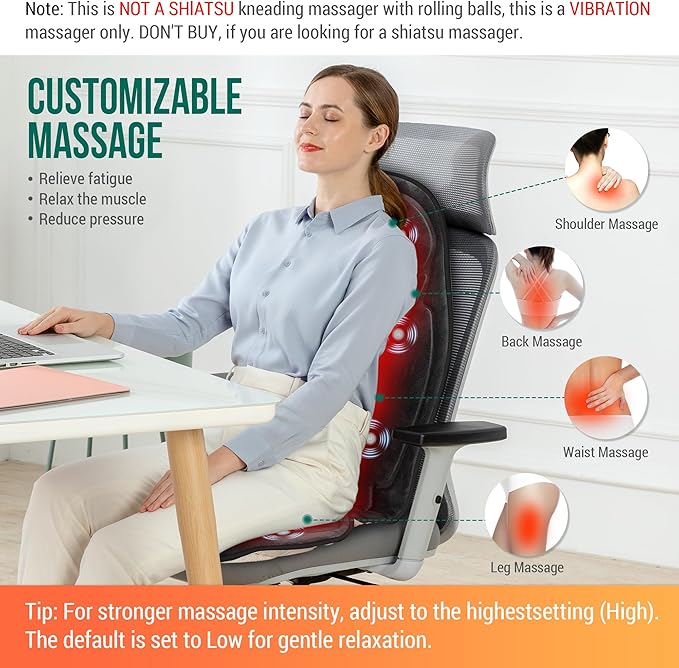 Vibration Massage Seat Cushion with Heat, 6 Vibration Motors, 6 Massage Modes, Heated Massage Chair Pad for Office Chair, Home Recliner & Desk Chair, Back & Seat Massager with Remote
