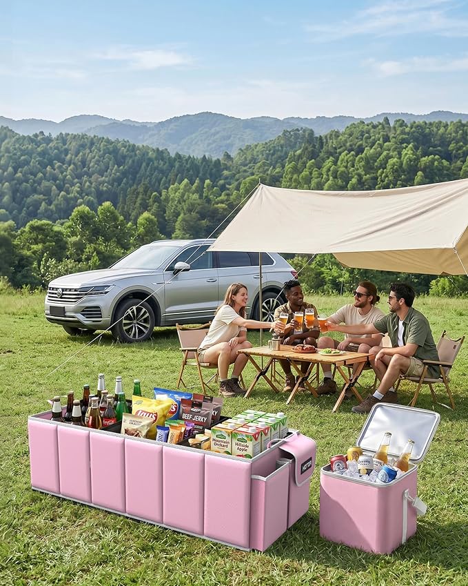 Trunk Organizer, Sturdy Foldable with Cooler for Car & SUV, 3 Compartments, Pink, 30.90”×12.60”×10.63”
