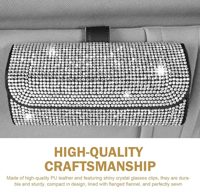 Bling Sunglasses Holder for Car Sun Visor, Rhinestone Auto Eyeglasses Mount Clip Organizer, Leather Sunvisor Sunglasses Storage Case, Universal Glasses Holder Clips for SUV, Sedan, Van (White)