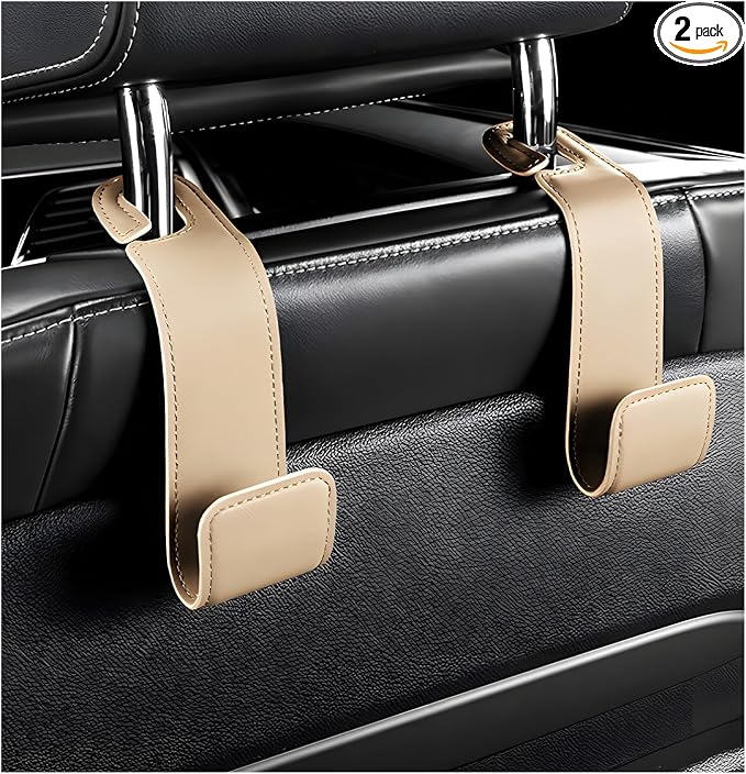 2 PCS Car Seat Headrest Hook, Microfiber Leather Purse Hooks Back Seat Storage Organizer, Auto Interior Headrest Holder for Hanging Bag Coat Grocery, Car Accessories (Beige)