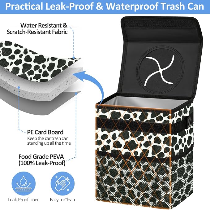 Car Trash Can Bin for Back Seat Leak Proof, Cute Car Trash Bag Hanging, Vehicle Trash Can for SUV Truck Van, Automotive Garbage Cans Front Seat Cow Print, 2 Gallons