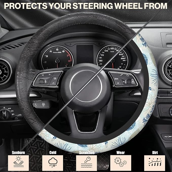Marine Seashells Steering Wheel Covers Corals Universal 15 Inch Car Wheel Cover,Anti-Slip Breathable Car Accessories Protector Fit for Trucks,Sedans,SUVs,Vans