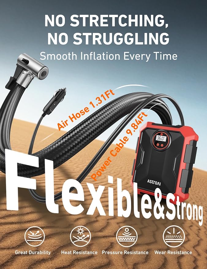 Tire Inflator Portable Air Compressor 12V DC 100PSI, Integrated Storage, Digital Gauge, Auto Shut-Off Fast Inflation LED Light, Air Pump for Car Tires Bike Motorcycle Other Inflatables, Red