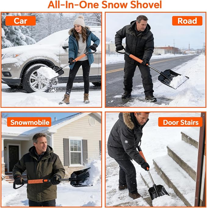 7 in 1 Snow Shovel & Snow Brush Kit, 47.2" Ice Scrapers & Snow Shovel Kit, Car and 360° Pivoting Car Scraper Snow, 7 in 1 Extendable Snow Brush with Foam Grip Glove.