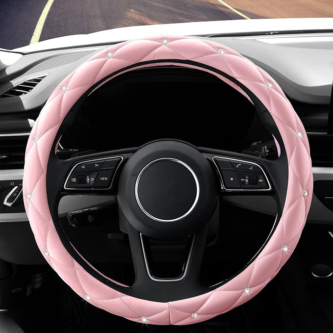 Cute Diamond Soft Light Pink Leather Anti-Slip Steering Wheel Cover with Bling Bling Crystal Rhinestones, Universal 15 Inch for Women Girls, Fit Vehicles, Sedans, SUVs, Vans, Trucks
