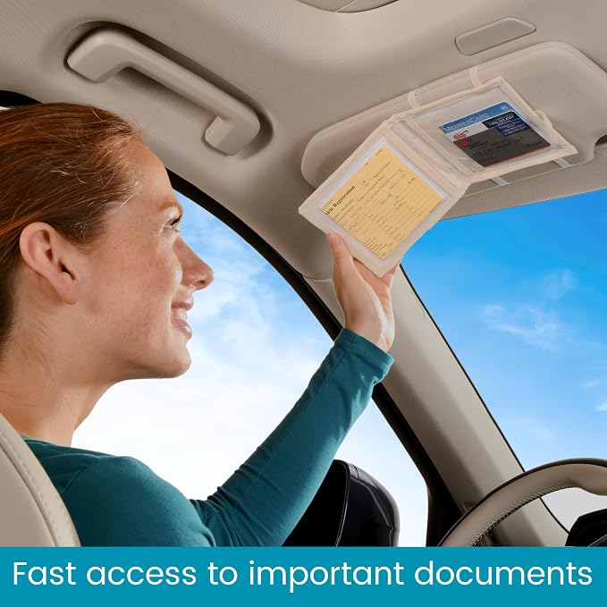 Car Registration and Insurance Card Holder for Sun Visor, Glove Box or Console with 2 Clear Hidden Car Document Pockets and Front Card Pocket