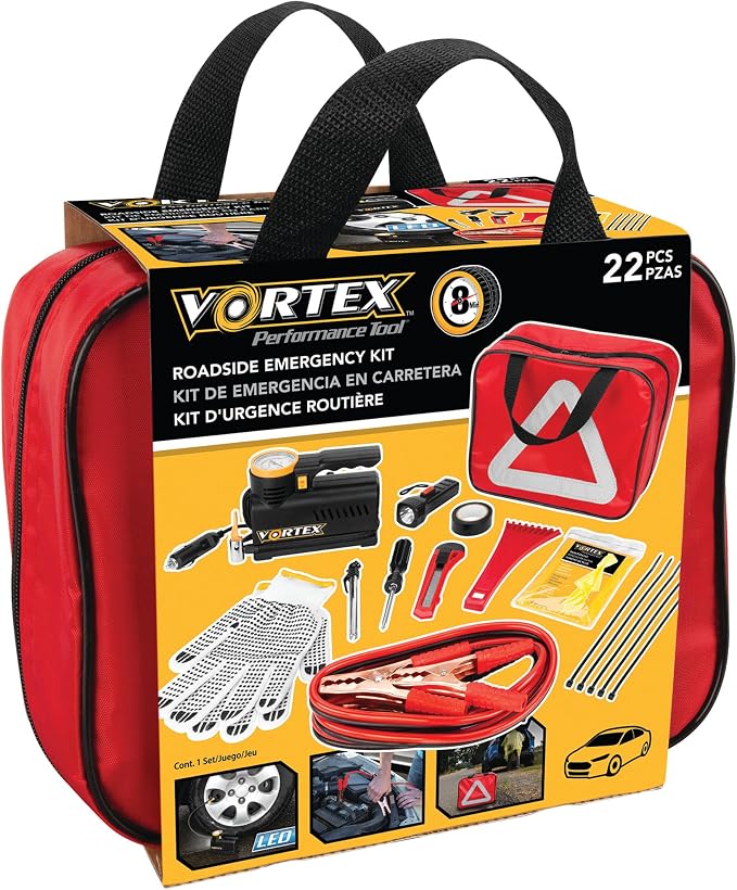 E00012 22 pc. Essential Roadside Assistance Kit: 12V Vortex Tire Inflator, Booster Cables, LED Flashlight, Safety Tools, Emergency Kit, Toolkit with Cable ties, Gloves, Storage Case