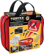 E00012 22 pc. Essential Roadside Assistance Kit: 12V Vortex Tire Inflator, Booster Cables, LED Flashlight, Safety Tools, Emergency Kit, Toolkit with Cable ties, Gloves, Storage Case