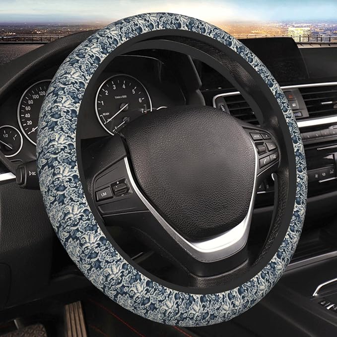 Flowers Steering Wheel Cover Car Elastic Steering Wheel Protector | Asian Ethnic Anti-Slip Breathable Car Accessories Interior for Women Men Universal 15 Inch Fit Auto SUVs Vans Truck