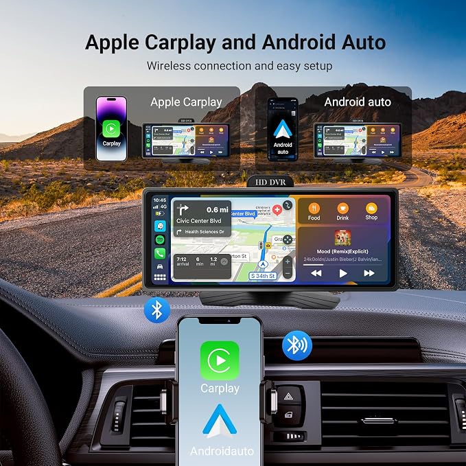 ‌10.26 Inch Wireless CarPlay & Android Auto Car Display with 1080P Dash Cam & Backup Camera All-in-One Smart Car Stereo Free 64GB SD Card