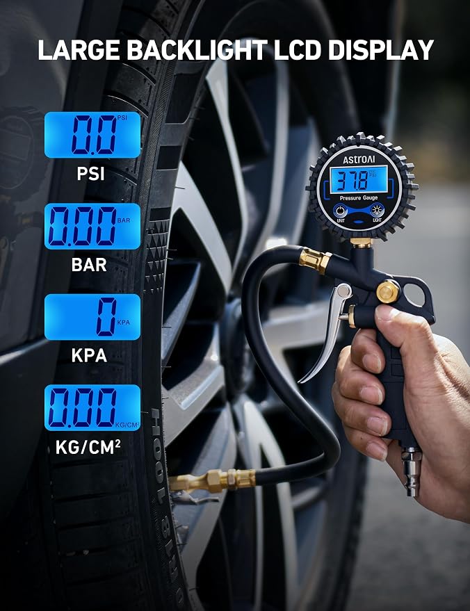 Digital Tire Pressure Gauge with Inflator, 3-250 PSI Air Chuck & Compressor Accessories Heavy Duty with Quick Connect Coupler, 0.1 Display Resolution, 1Pack Standard