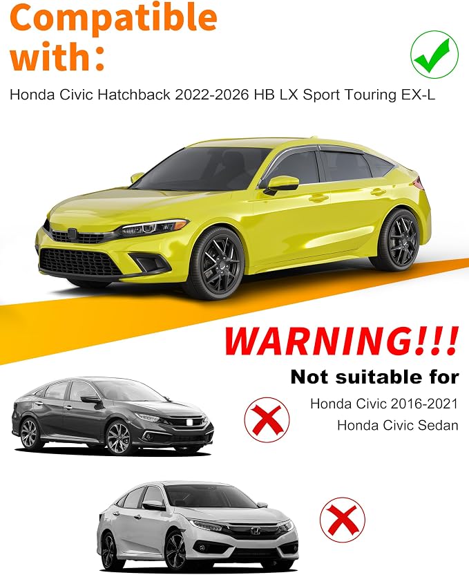 Low-Profile Window Rain Guard for Honda Civic Hatchback 2022-2026 Side Window Visors Extra-Thick Vent Visor HB LX Sport Touring EX-L Window Deflectors Vent Shades Car Accessories