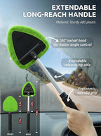 Window & Windshield Cleaner, Extendable, 3 Microfiber Pads (Green) | Pivoting Triangle Head Wiper Cleans Interior & Exterior Glass, 3 Washable Reusable Bonnets, Lint-Free