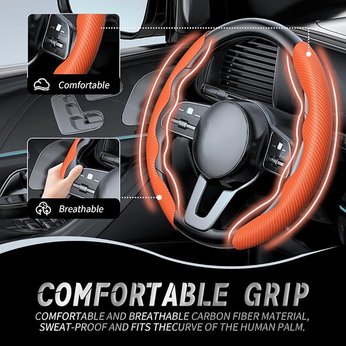 2pcs Car Steering Wheel Cover,Anti-Skid Carbon Fiber Steering Wheel Protector for Men Women,Multiple Color Options,Universal for Most Car Interiors Accessories (Orange)