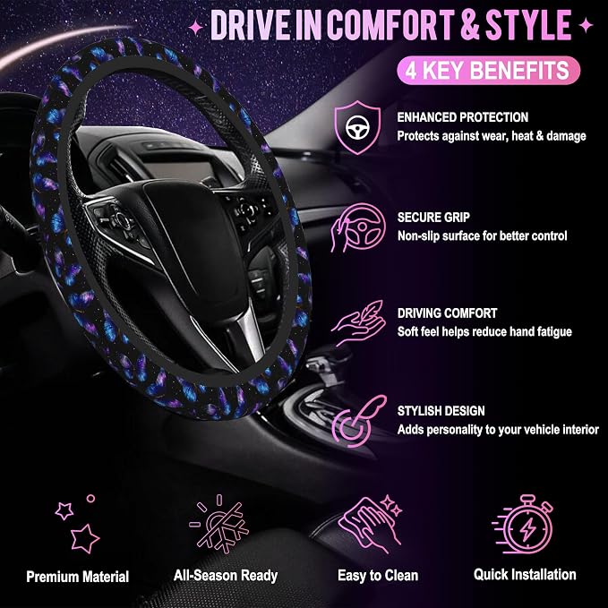 Galaxy Butterfly Steering Wheel Cover for Women Men Neoprene Breathable Wheel Cover Protector Anti-Slip Car Accessories Universal 15 Inch Fit for Cars Trucks Vehicles