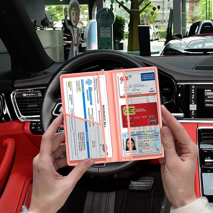 Car Registration and Insurance Card Holder, Vehicle License Document Glove Box Compartment Organizer, Interior Car Accessories for Women Men (Pink)