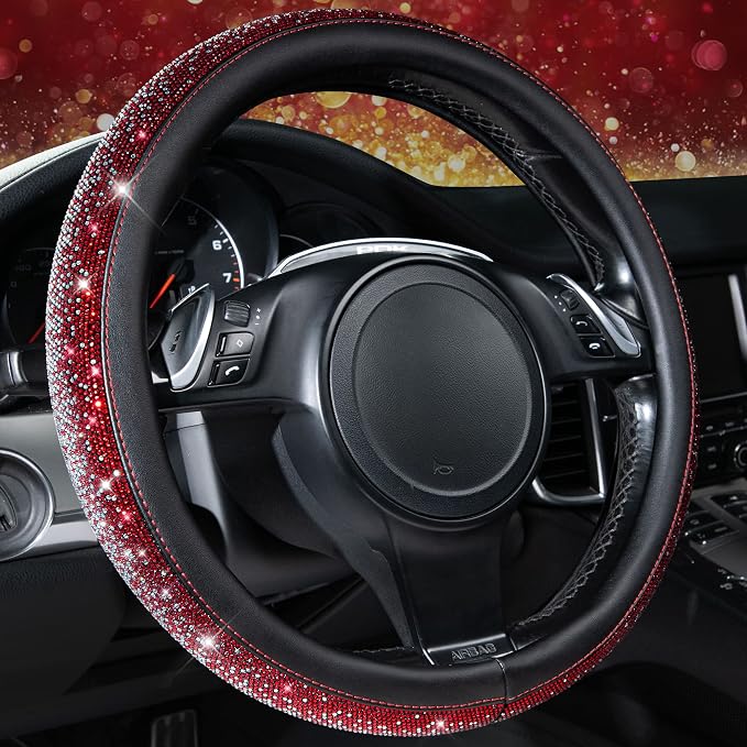 Bling Diamond Leather Steering Wheel Cover, Bling Sparkly Crystal Glitter Rhinestones Universal Fit 14" 1/2-15" Car Wheel Protector for Women Girl Fit Suvs,Vans,Sedans,Trucks, Red Silver