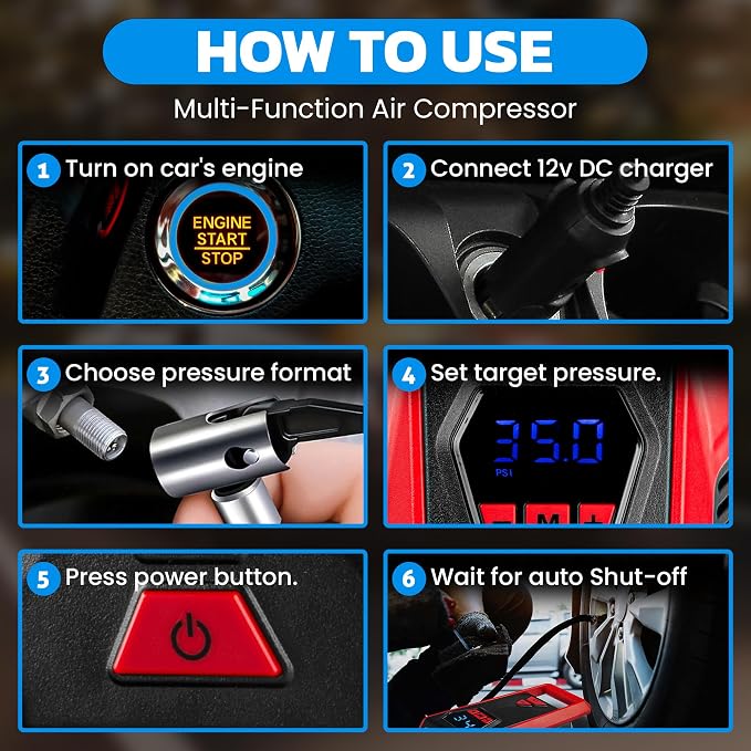 Bullseye 12V DC Car Tire Inflator Portable Air Compressor - Rapid 2 Minute Inflation, Auto Shut-Off, Max 150 PSI, Easy Cord Storage, Digital Pressure Gauge, LED Display - (Red) - As Seen on TV