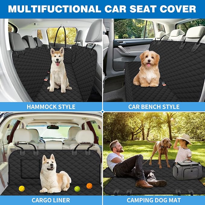 WoofKnows(54" W x 56" L, Black Scratch Prevention Dog Car Seat Cover for Back Seat Waterproof Dog Hammock for Car with Mesh Window Durable