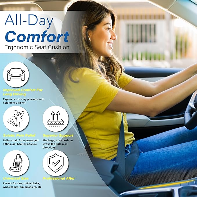 Car Seat Cushion for Driving, Car Seat Pillow for Short Drivers | Ergonomic Memory Foam Seat Cushion for Pain Relief, Adult Booster Seat for Car, Butt Cushion for Car, Truck, Office, Black