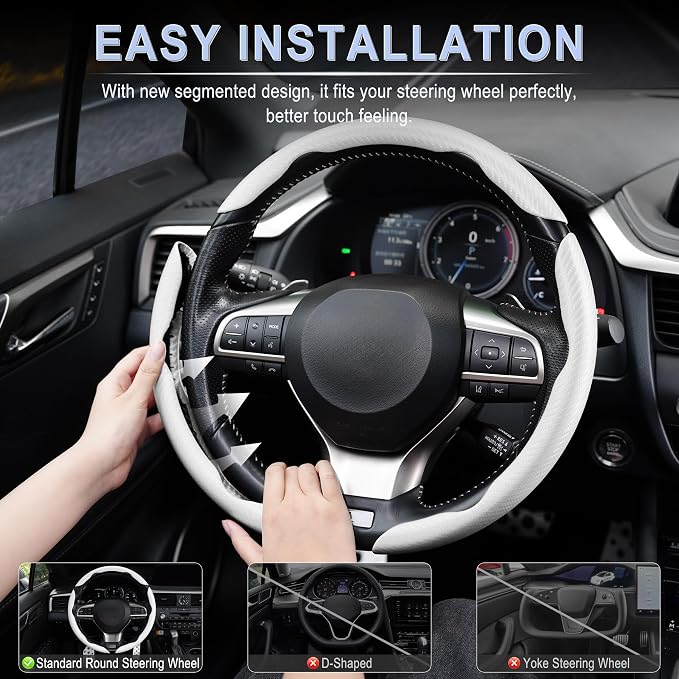 3pcs Carbon Fiber Anti-Skid Steering Wheel Cover, Waterproof & Segmented Butterfly Design, Universal 99% Vehicle Wheel Cover Protector, Car Interior Accessories (White-3pcs)