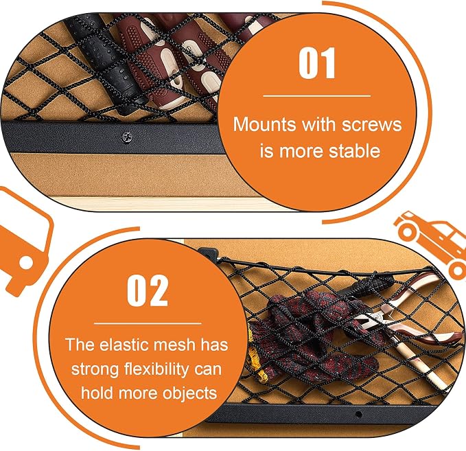 2 Pcs Boat Storage Net Bag, ABS Plastic Car Framed Mesh Net Holder, Phone & Cargo Organizer with Screws for Auto, Rv, Boat, Pontoon, Truck Pocket Storage (14 x 7.3 Inch)