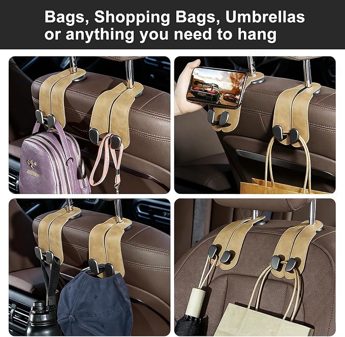 CoBak Purse Hook for Car - Universal Premium Stitched Leather and Aluminum-Magnesium Alloy Double Car Seat Back Storage Hook for Purses, Handbags, Bags (2 Pack),Linen