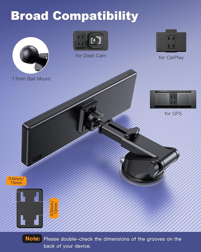 Suction Cup Car CarPlay Screen Mount, Suitable for in-Car Monitors and CarPlay Screens, Tool-Free Installation, Dashboard & Windshield Use, 360° Rotation for Easy Angle Adjustment