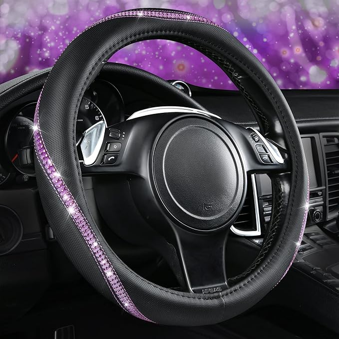Bling Diamond Black Leather Steering Wheel Cover, Studded Crystal Rhinestones Universal Fit 14" 1/2-15" Glitter for Women Sparkle Girl Fit Suvs,Vans,Sedans,Car,Trucks, Purple Diamond