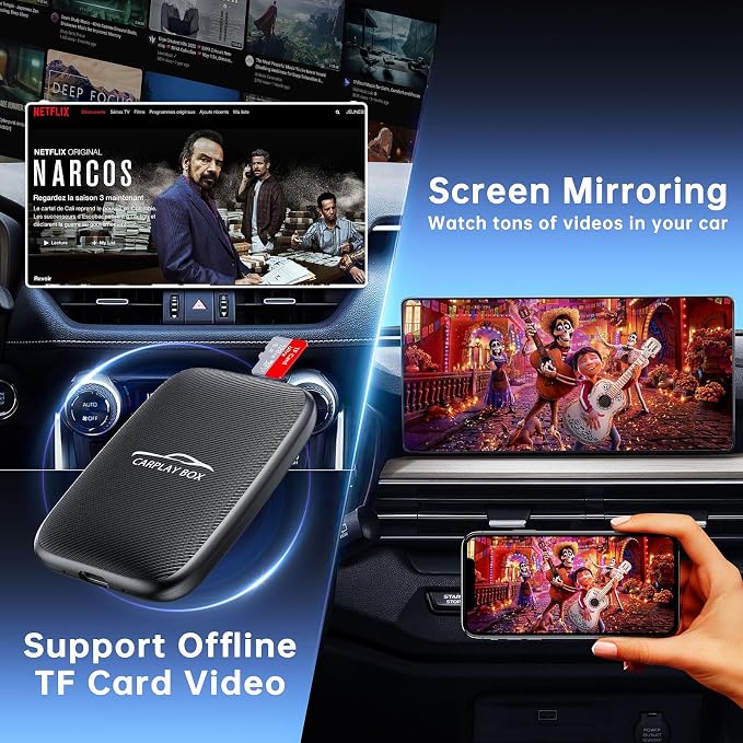 6-in-1 Magic Video Box for Netflix/YouTube, Wireless CarPlay Adapter & Android Auto Wireless Adapter Convert Wired to Wireles Carplay Dongle for OEM Wired CarPlay Cars, TF Card Playback, Plug & Play