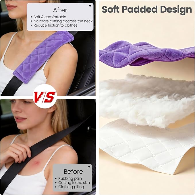 Soft Auto Seat Belt Cover Seatbelt Shoulder Pad Cushions 2 PCS Universal Fit for All Cars and Backpack for a More Comfortable Driving Violet