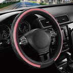 Leather Steering Wheel Cover – Black & Pink, Universal Fit 14.5-15 Inch, Microfiber Leather, Anti-Slip & Breathable Design for Men and Women